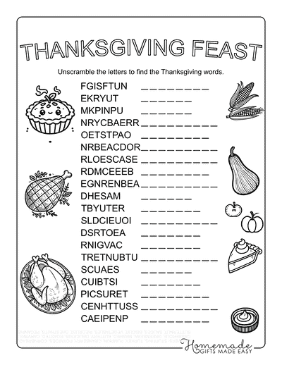 Thanksgiving Word Scramble Thanksgiving Feast Hard