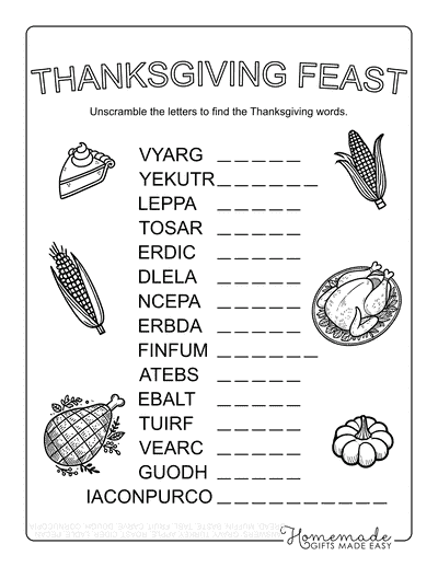 Thanksgiving Word Scramble Thanksgiving Feast Medium