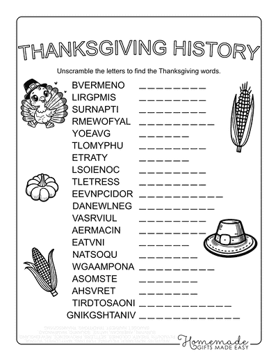 Thanksgiving Word Scramble Thanksgiving History Hard