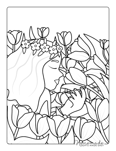 Tulip Coloring Pages Simple Lady Smelling Tulips