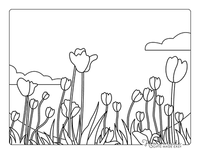 Tulip Coloring Pages Simple Tulip Field and Sky Outline