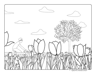 Tulip Coloring Pages Tulip Field and Cyclist Scene