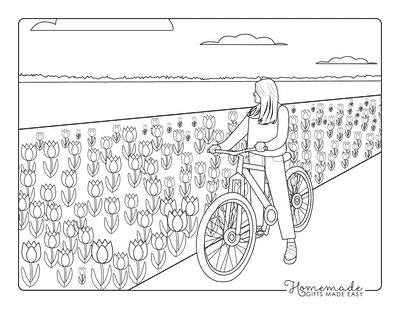 Tulip Coloring Pages Tulips and Road Cyclist Scene