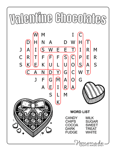 Valentines Day Word Search Chocolates Answers Easy