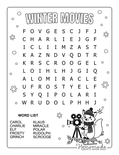 Winter Word Search Movies Easy