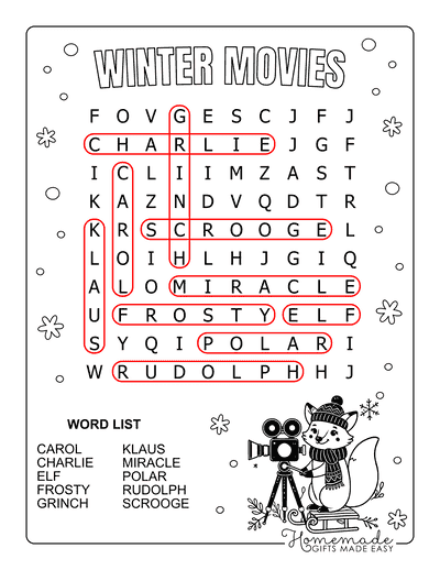 Winter Word Search Movies Easy Answers