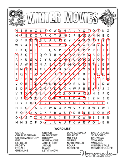 Winter Word Search Movies Hard Answers