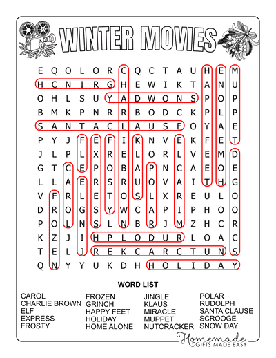 Winter Word Search Movies Medium Answers