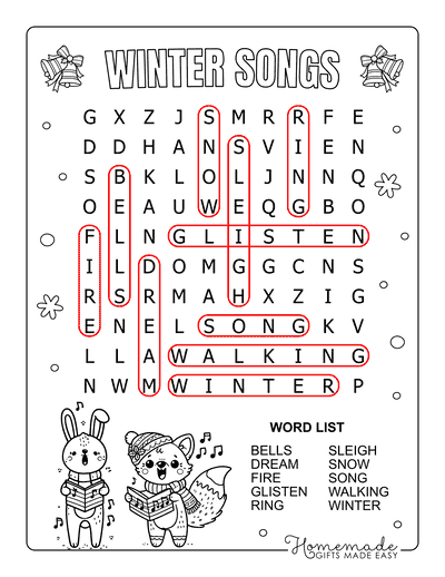 Winter Word Search Songs Easy Answers