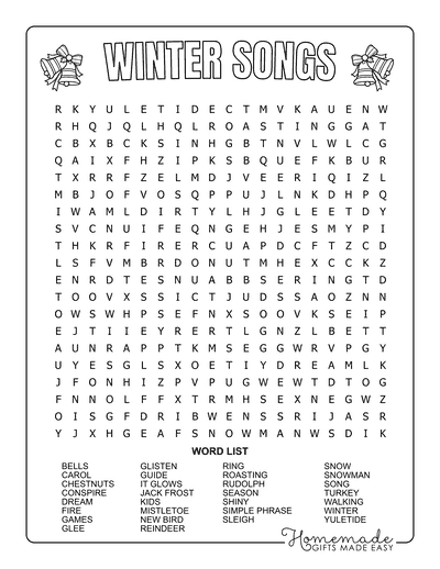 Winter Word Search Songs Hard