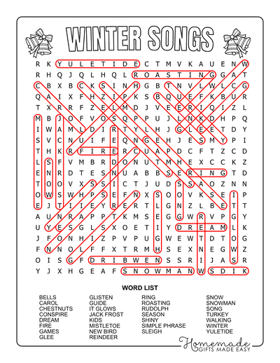 Winter Word Search Songs Hard Answers