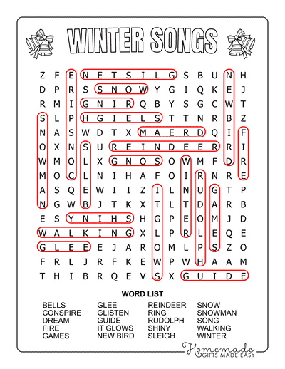 Winter Word Search Songs Medium Answers