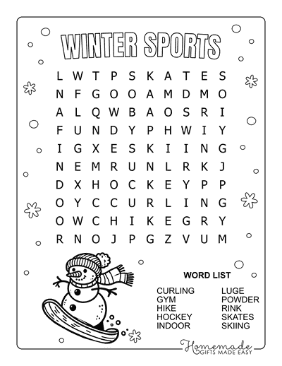 Winter Word Search Sports Easy