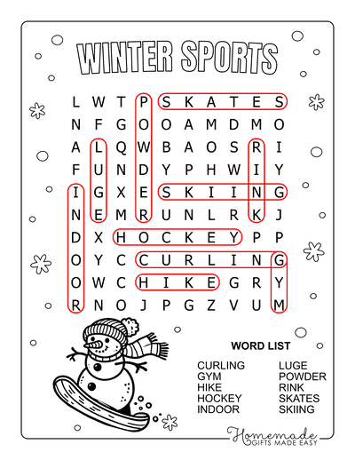 Winter Word Search Sports Easy Answers