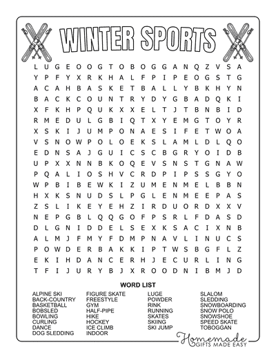 Winter Word Search Sports Hard