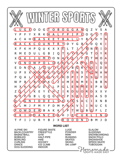 Winter Word Search Sports Hard Answers