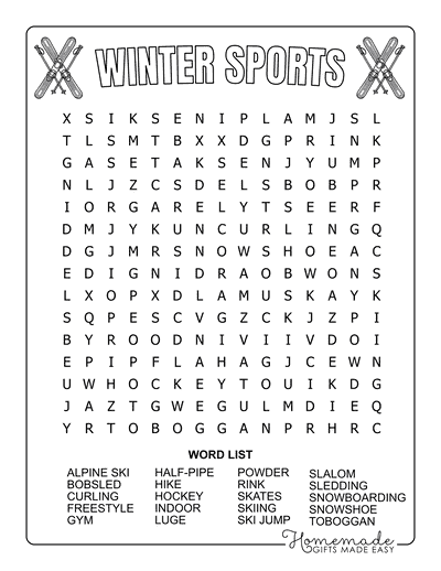 Winter Word Search Sports Medium