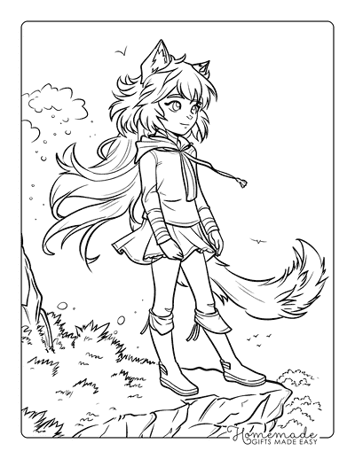 Wolf Coloring Pages Anime Wolf Girl on Breezy Cliff