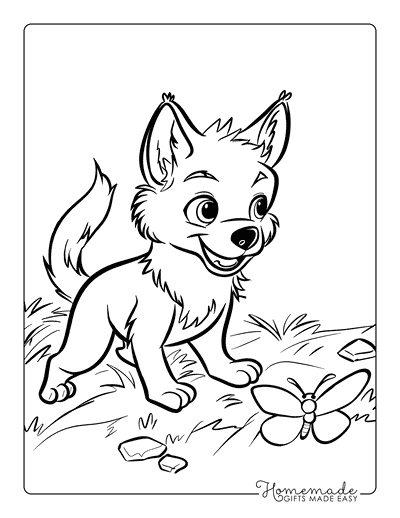 Wolf Coloring Pages Cute Wolf Pup Playing With Butterfly