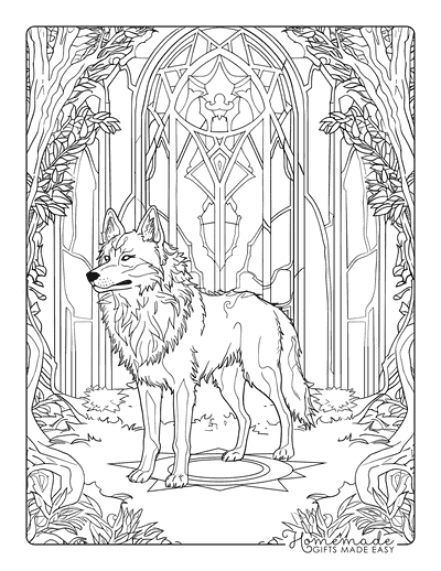 Wolf Coloring Pages Realistic Magic Wolf Guarding Gate