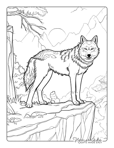 Wolf Coloring Pages Realistic Wolf on Cliff