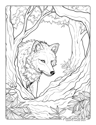 Wolf Coloring Pages Realistic Wolf Peeking From Behind Tree