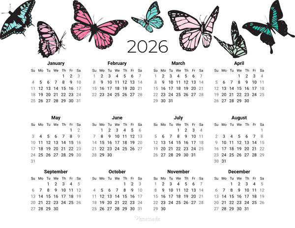 Year Calendar Butterfly 2026
