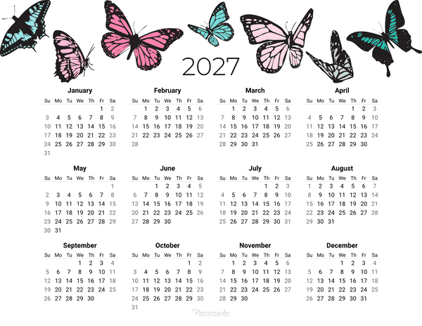Year Calendar Butterfly 2027