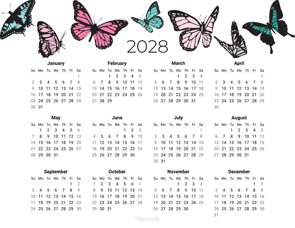 Year Calendar Butterfly 2028