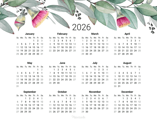 Year Calendar Eucalyptus 2026