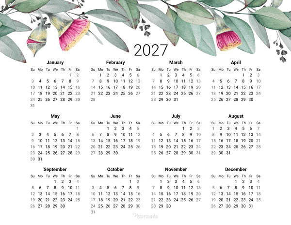 Year Calendar Eucalyptus 2027