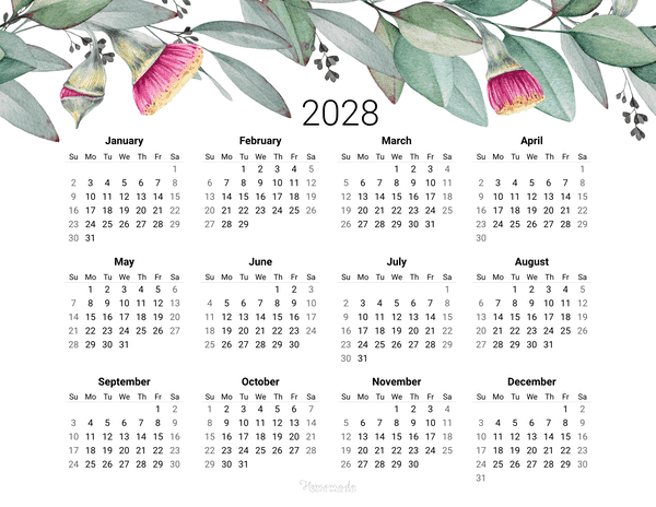 Year Calendar Eucalyptus 2028