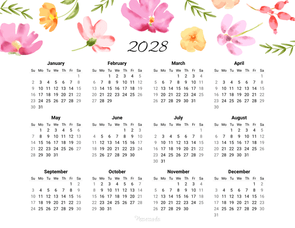 Year Calendar Flowers 2028