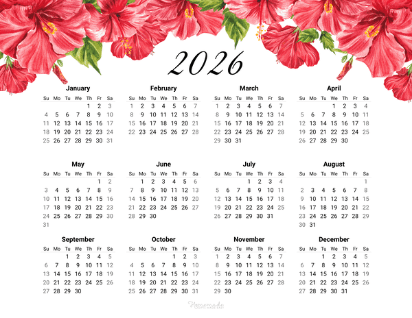 Year Calendar Hibiscus 2026