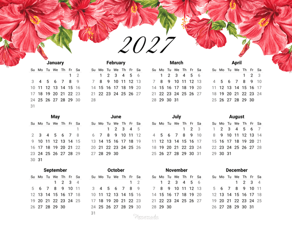 Year Calendar Hibiscus 2027