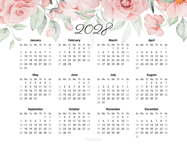 Year Calendar Rose 2028