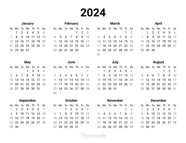 Year Calendar Simple Landscape 2024 600x464 