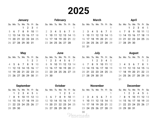 Year Calendar Simple Landscape 2025