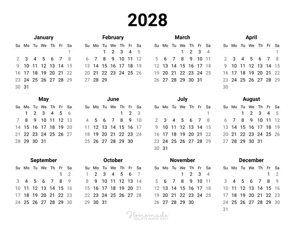 Year Calendar Simple Landscape 2028