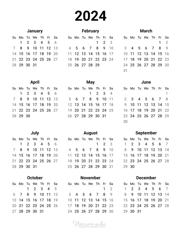 2024 Yearly Calendar Template 2024 Calendar 2024 Printable