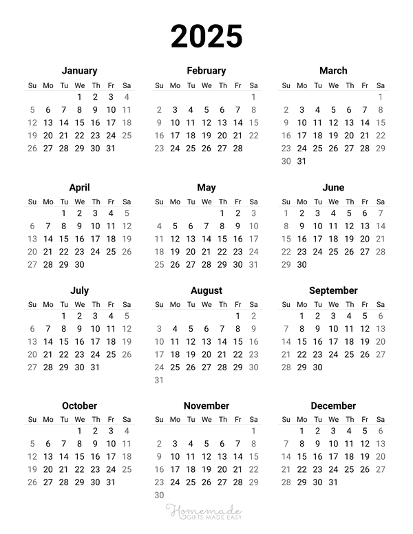 Year Calendar Simple Portrait 2025