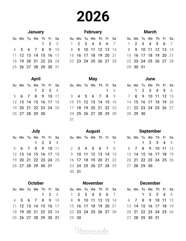 Year Calendar Simple Portrait 2026
