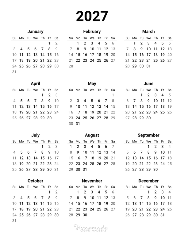 Year Calendar Simple Portrait 2027