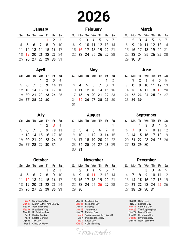 Year Calendar With Holidays 2026