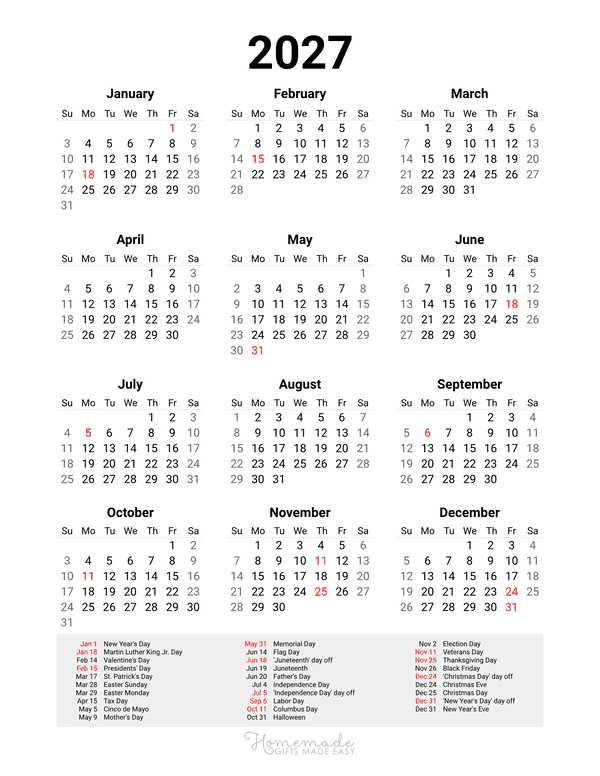 Year Calendar With Holidays 2027