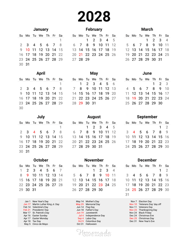 Year Calendar With Holidays 2028